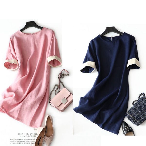 Simple Casual Spliced Linen Dress Women Clothes - Image 5