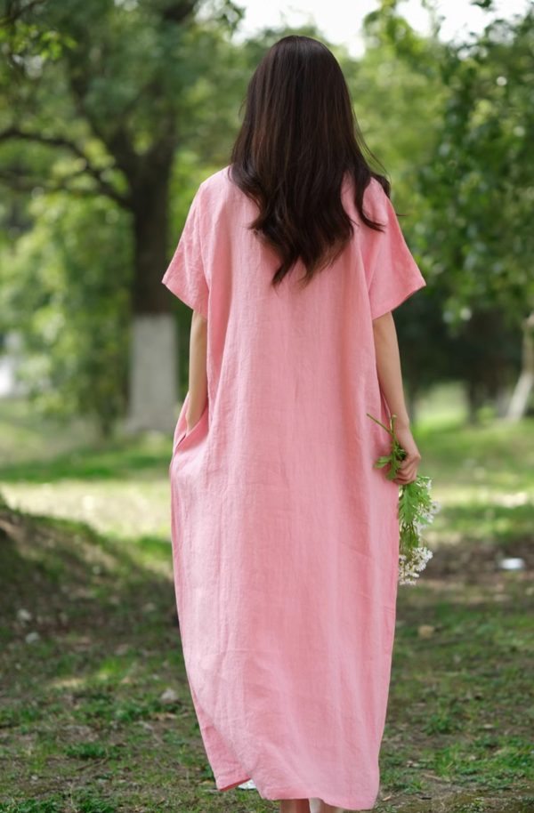 Leisure Natural Linen Comfy And Breathable With V-Neck Dress, Dresses For Women - Image 6