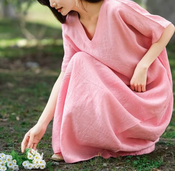 Leisure Natural Linen Comfy And Breathable With V-Neck Dress, Dresses For Women - Image 5