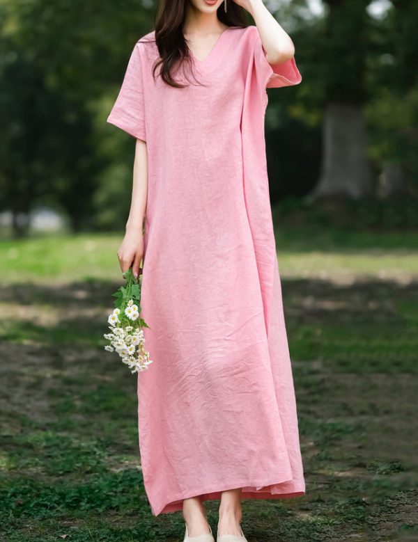 Leisure Natural Linen Comfy And Breathable With V-Neck Dress, Dresses For Women - Image 4
