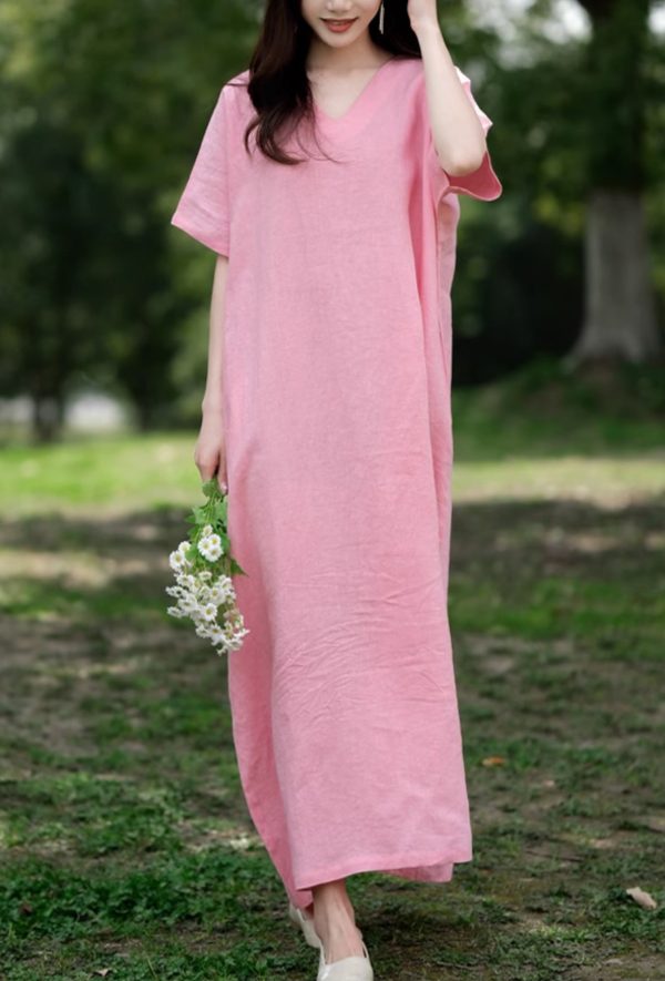 Leisure Natural Linen Comfy And Breathable With V-Neck Dress, Dresses For Women - Image 3