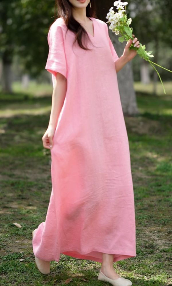 Leisure Natural Linen Comfy And Breathable With V-Neck Dress, Dresses For Women - Image 2