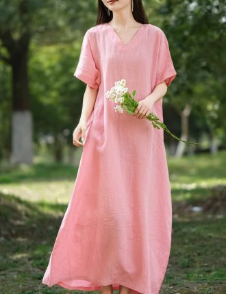 Leisure Natural Linen Comfy And Breathable With V-Neck Dress, Dresses For Women