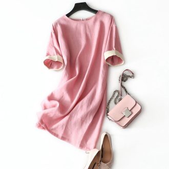 Simple Casual Spliced Linen Dress Women Clothes