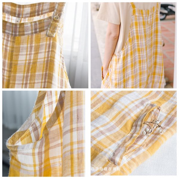 Women's Loose Linen Yellow Plaid Suspenders Skirt - Image 8