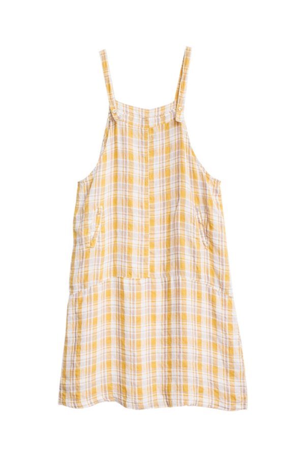 Women's Loose Linen Yellow Plaid Suspenders Skirt - Image 7