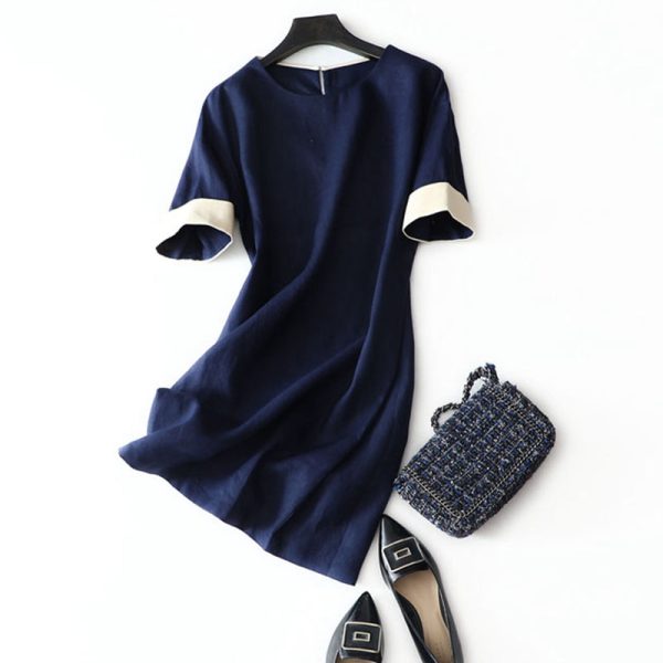 Simple Casual Spliced Linen Dress Women Clothes - Image 4