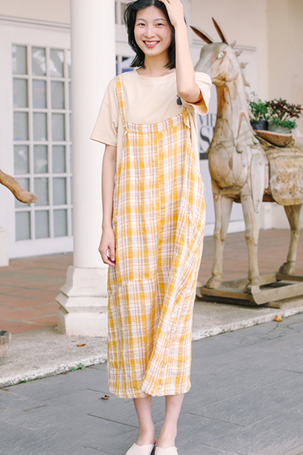 Women's Loose Linen Yellow Plaid Suspenders Skirt - Image 2