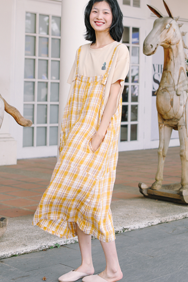 Women's Loose Linen Yellow Plaid Suspenders Skirt - Image 3