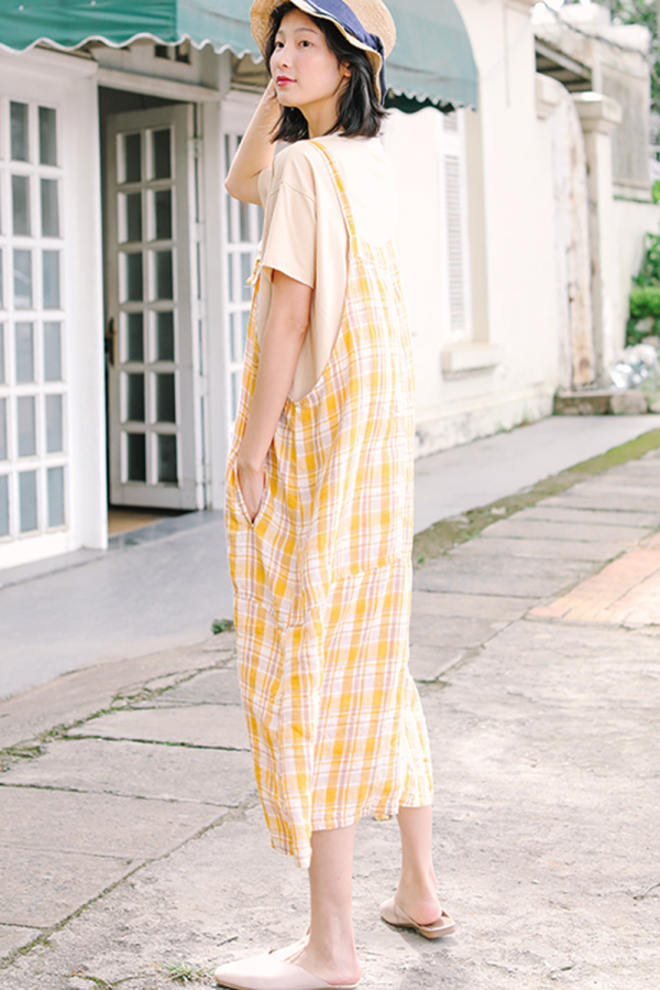 Women's Loose Linen Yellow Plaid Suspenders Skirt - Image 6