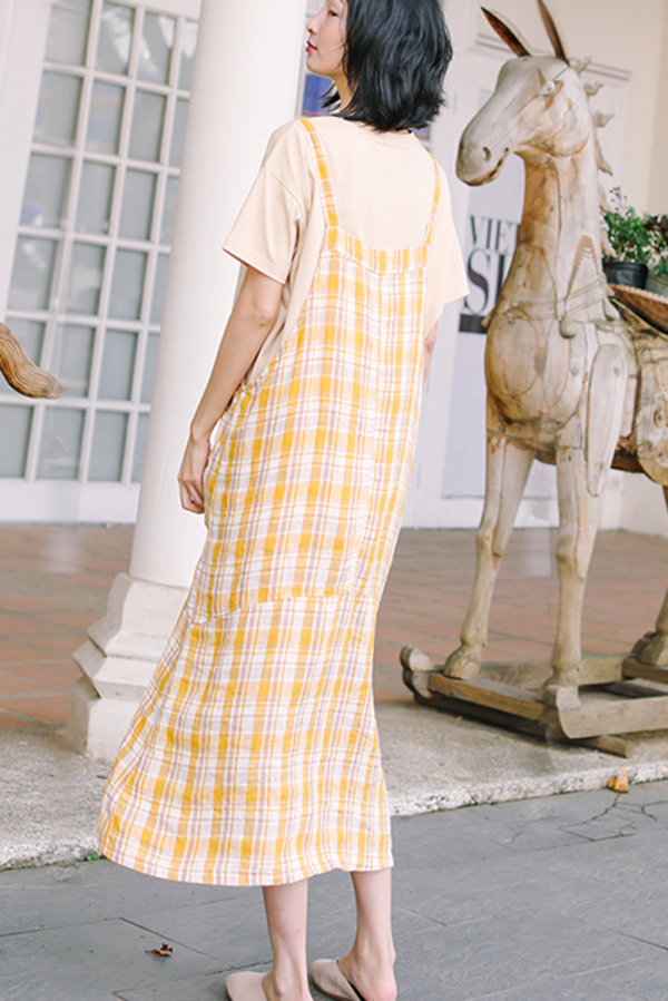 Women's Loose Linen Yellow Plaid Suspenders Skirt - Image 5