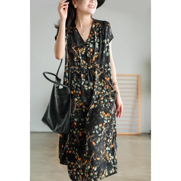 Short Sleeves Flower Print V-Neck Midi Dresses Floral Dresses - Image 2