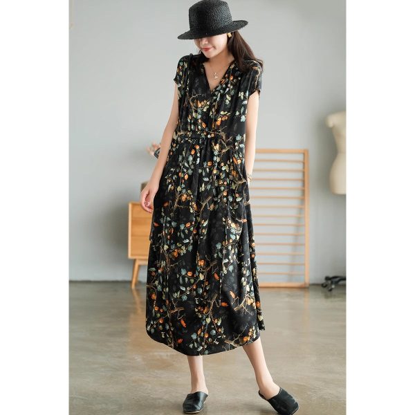 Short Sleeves Flower Print V-Neck Midi Dresses Floral Dresses - Image 3