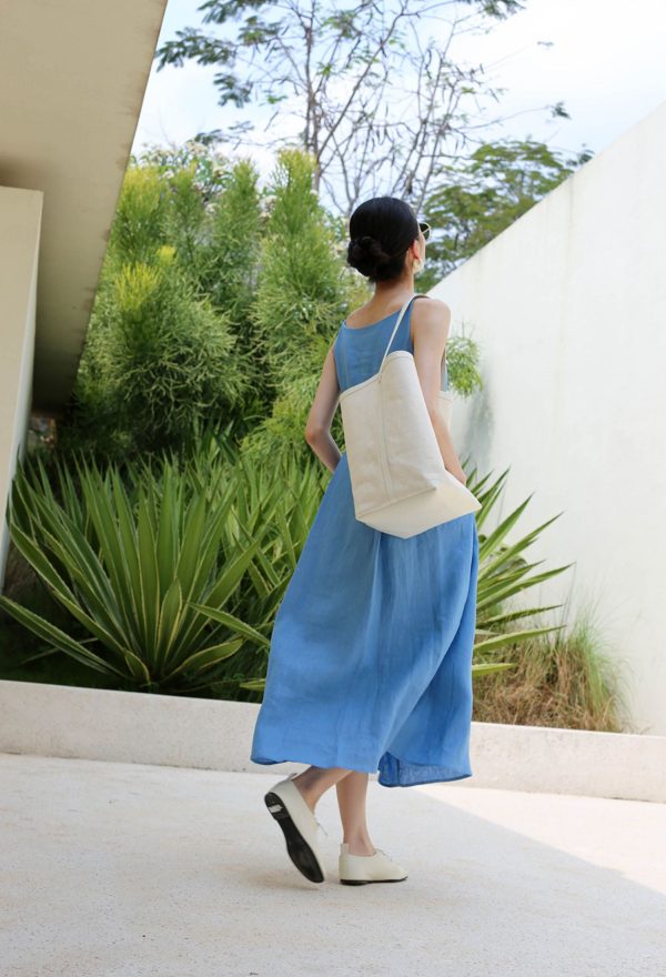 Ladies' Summer Solid Color Linen Vacation Shirt Style Casual Dress, Sleeveless Dress - Image 3