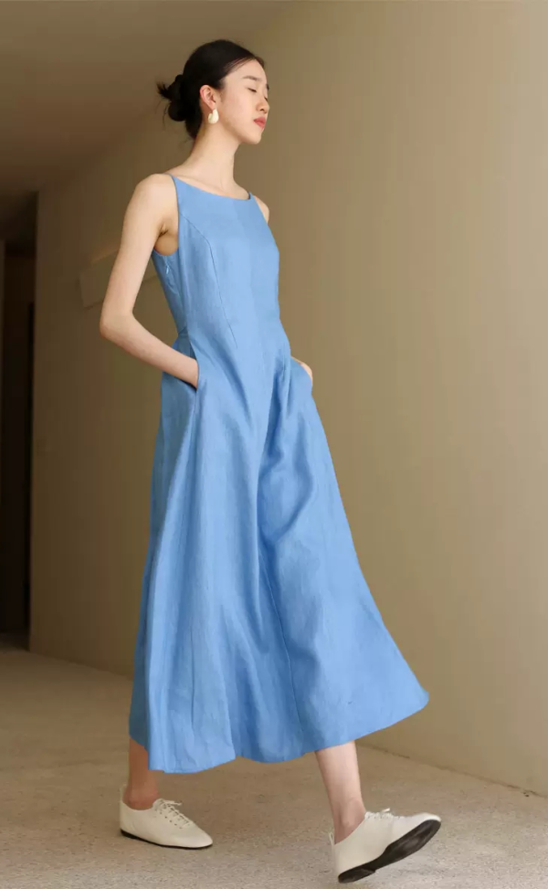 Ladies' Summer Solid Color Linen Vacation Shirt Style Casual Dress, Sleeveless Dress - Image 6