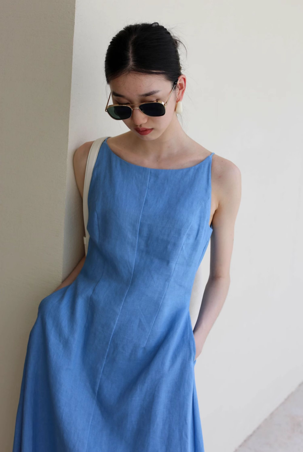 Ladies' Summer Solid Color Linen Vacation Shirt Style Casual Dress, Sleeveless Dress - Image 10