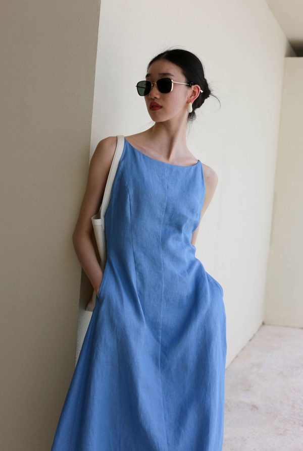 Ladies' Summer Solid Color Linen Vacation Shirt Style Casual Dress, Sleeveless Dress - Image 7