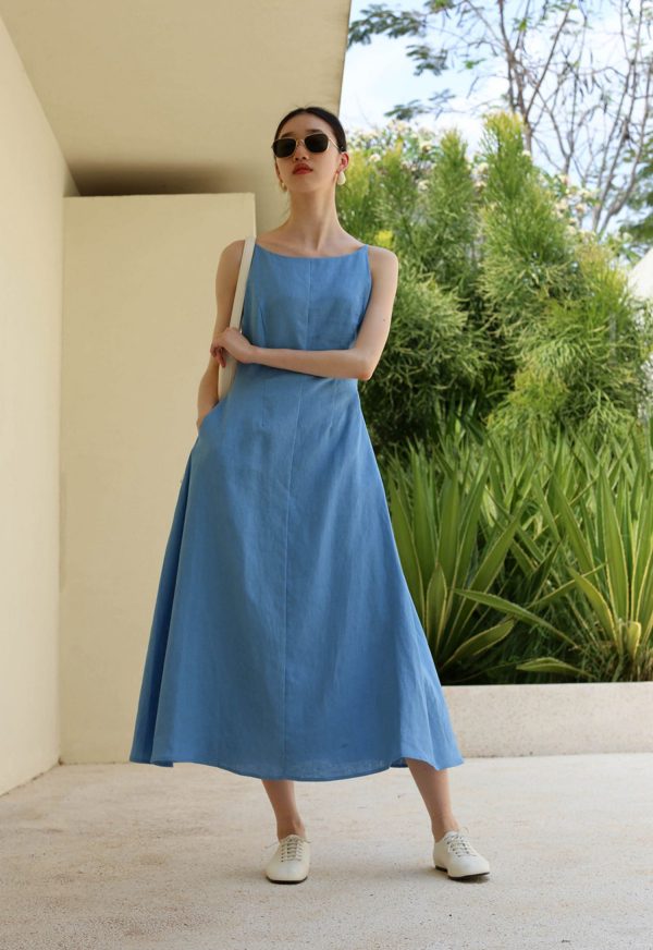 Ladies' Summer Solid Color Linen Vacation Shirt Style Casual Dress, Sleeveless Dress - Image 4