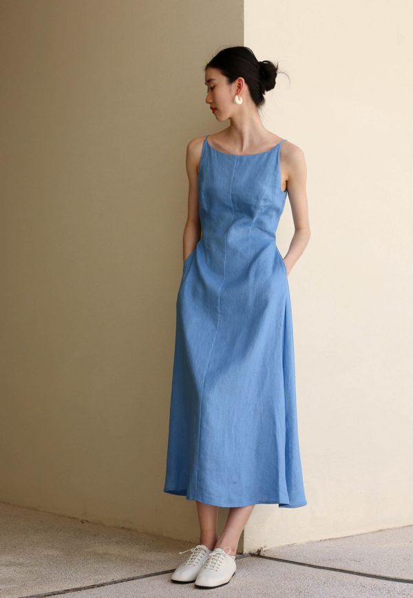 Ladies' Summer Solid Color Linen Vacation Shirt Style Casual Dress, Sleeveless Dress - Image 8