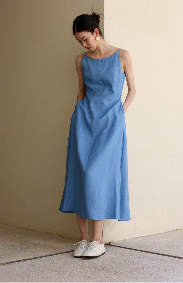 Ladies' Summer Solid Color Linen Vacation Shirt Style Casual Dress, Sleeveless Dress - Image 11