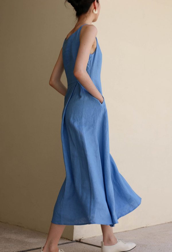 Ladies' Summer Solid Color Linen Vacation Shirt Style Casual Dress, Sleeveless Dress - Image 9