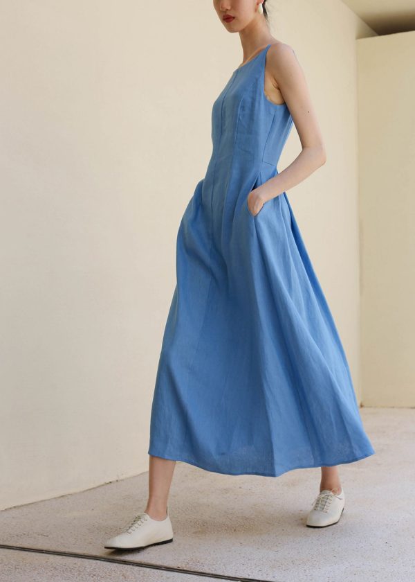 Ladies' Summer Solid Color Linen Vacation Shirt Style Casual Dress, Sleeveless Dress - Image 12