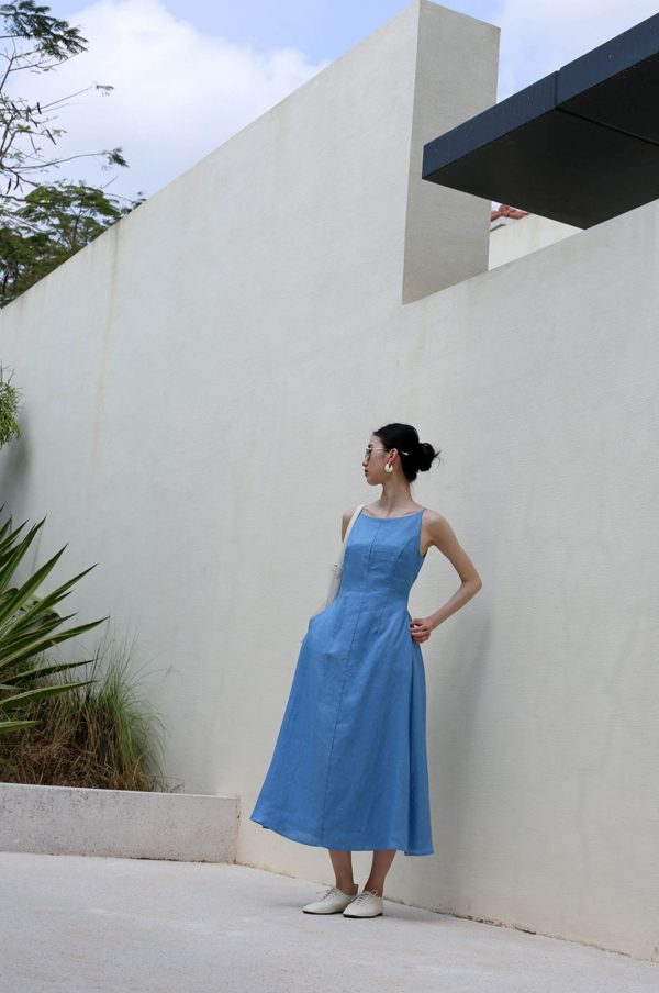 Ladies' Summer Solid Color Linen Vacation Shirt Style Casual Dress, Sleeveless Dress - Image 5